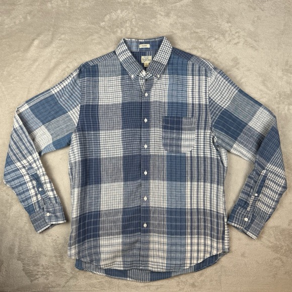 J Crew Shirt Mens L Linen Colorblock Long Sleeve Button Plaid Casual‎ Blue - Picture 1 of 12